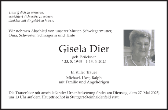 Traueranzeige von Gisela Dier von Stuttgarter Zeitung / Stuttgarter Nachrichten