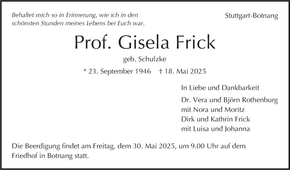  Traueranzeige für Gisela Frick vom 24.05.2025 aus Stuttgarter Zeitung / Stuttgarter Nachrichten