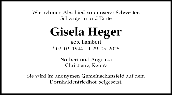 Traueranzeige von Gisela Heger von Stuttgarter Zeitung / Stuttgarter Nachrichten