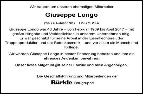 Traueranzeige von Giuseppe Longo von Stuttgarter Zeitung / Stuttgarter Nachrichten