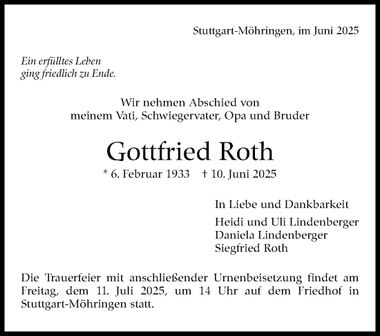 Traueranzeige von Gottfried Roth von Stuttgarter Zeitung / Stuttgarter Nachrichten