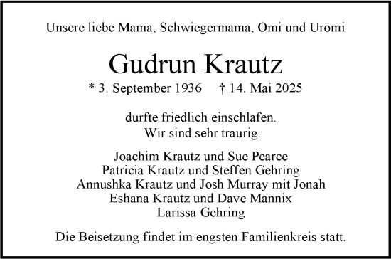 Traueranzeige von Gudrun Krautz von Stuttgarter Zeitung / Stuttgarter Nachrichten