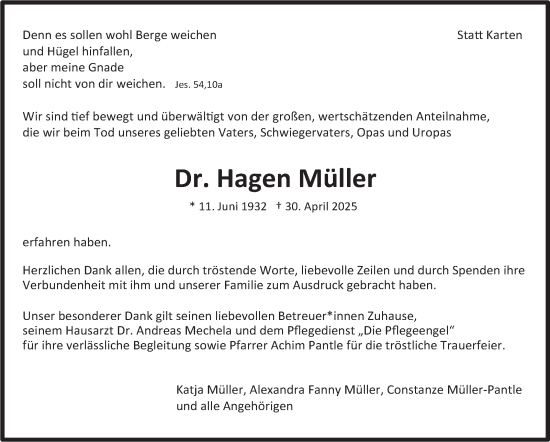 Traueranzeige von Hagen Müller von Stuttgarter Zeitung / Stuttgarter Nachrichten