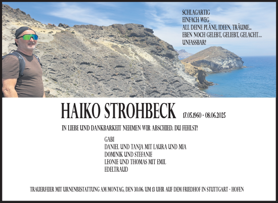 Traueranzeige von Haiko Strohbeck von Stuttgarter Zeitung / Stuttgarter Nachrichten
