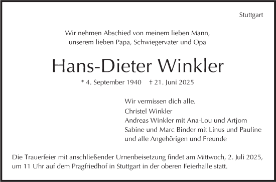 Traueranzeige von Hans-Dieter Winkler von Stuttgarter Zeitung / Stuttgarter Nachrichten