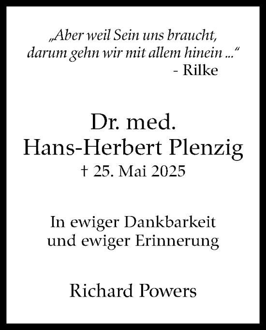 Traueranzeige von Hans-Herbert Plenzig von Stuttgarter Zeitung / Stuttgarter Nachrichten