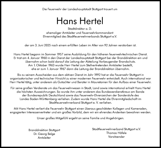 Traueranzeige von Hans Hertel von Stuttgarter Zeitung / Stuttgarter Nachrichten