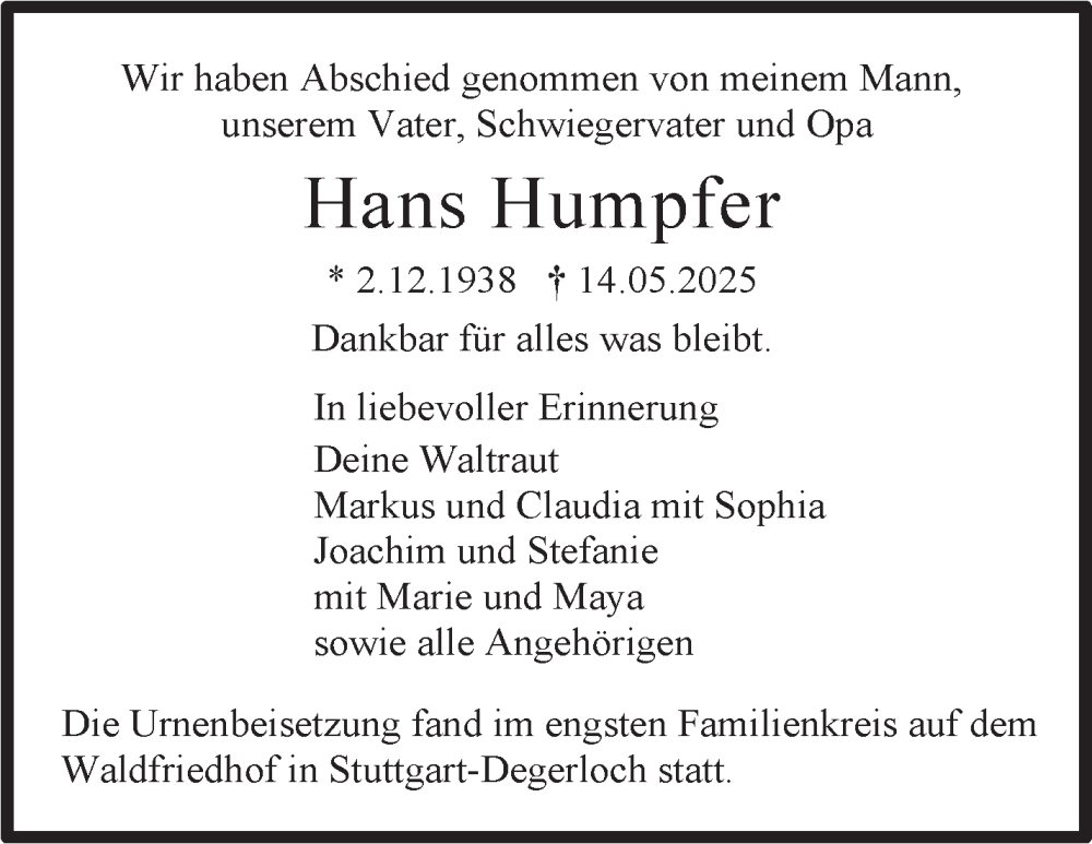  Traueranzeige für Hans Humpfer vom 30.06.2025 aus Stuttgarter Zeitung / Stuttgarter Nachrichten