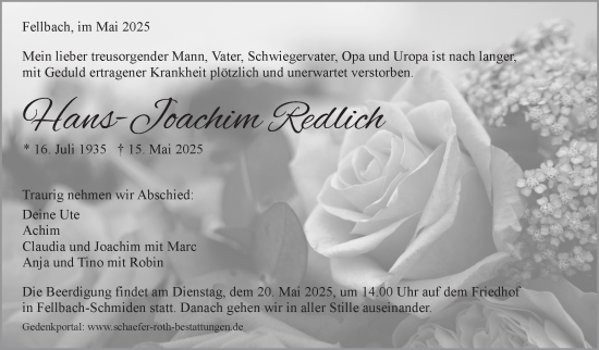 Traueranzeige von Hans-Joachim Redlich von Stuttgarter Zeitung / Stuttgarter Nachrichten