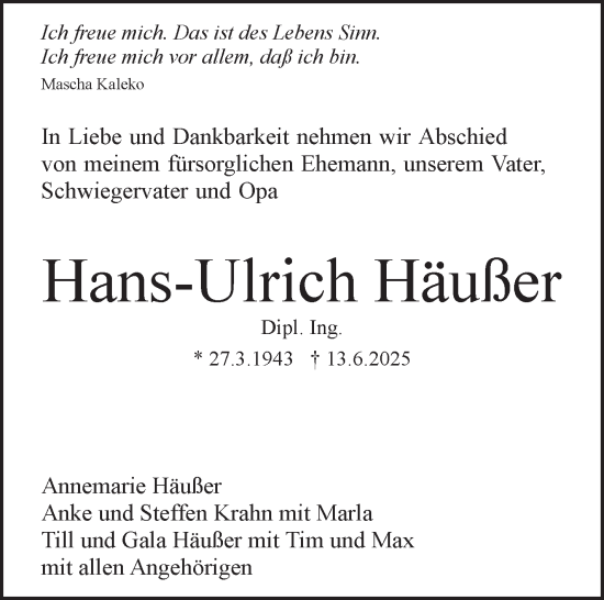 Traueranzeige von Hans-Ulrich Häußer von Stuttgarter Zeitung / Stuttgarter Nachrichten
