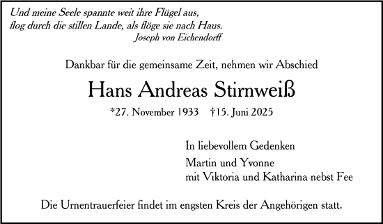 Traueranzeige von Hans Andreas Stirnweiß von Stuttgarter Zeitung / Stuttgarter Nachrichten