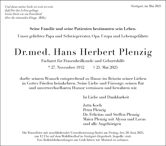 Traueranzeige von Hans Herbert Plenzig von Stuttgarter Zeitung / Stuttgarter Nachrichten
