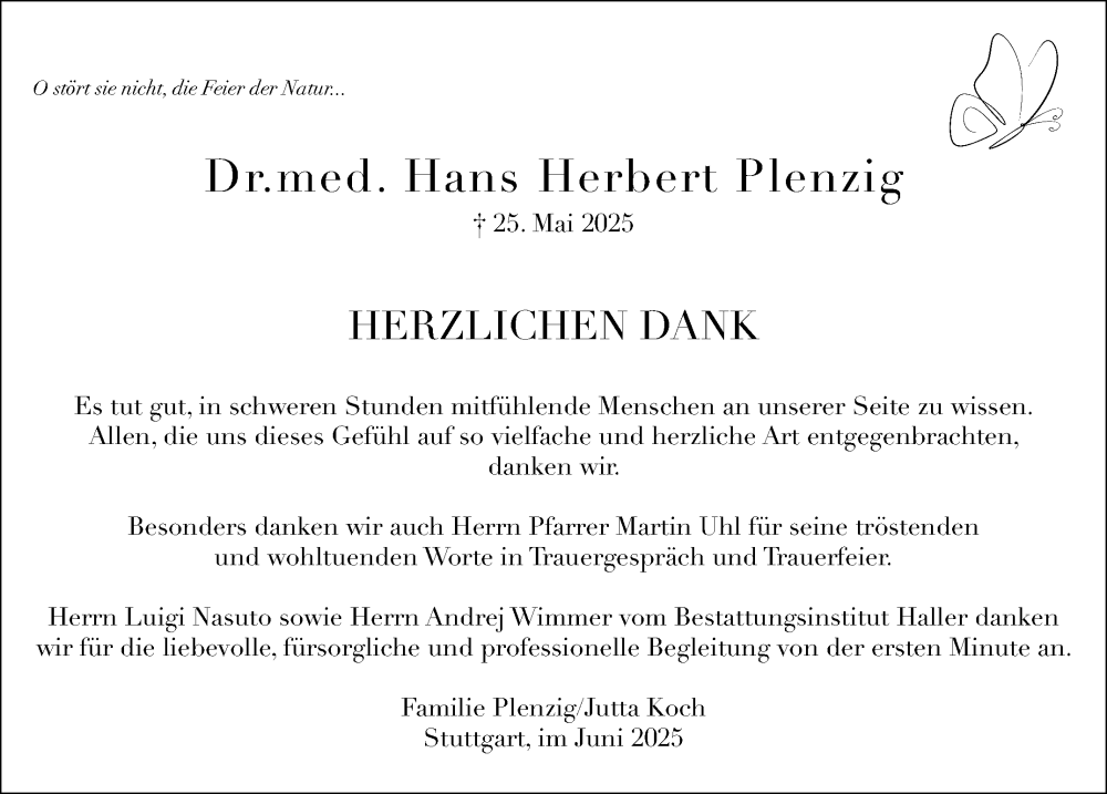  Traueranzeige für Hans Herbert Plenzig vom 28.06.2025 aus Stuttgarter Zeitung / Stuttgarter Nachrichten