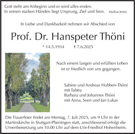 Traueranzeige von Hanspeter Thöni von Stuttgarter Zeitung / Stuttgarter Nachrichten