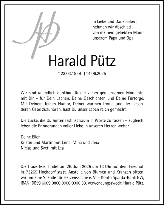 Traueranzeige von Harald Pütz von Stuttgarter Zeitung / Stuttgarter Nachrichten