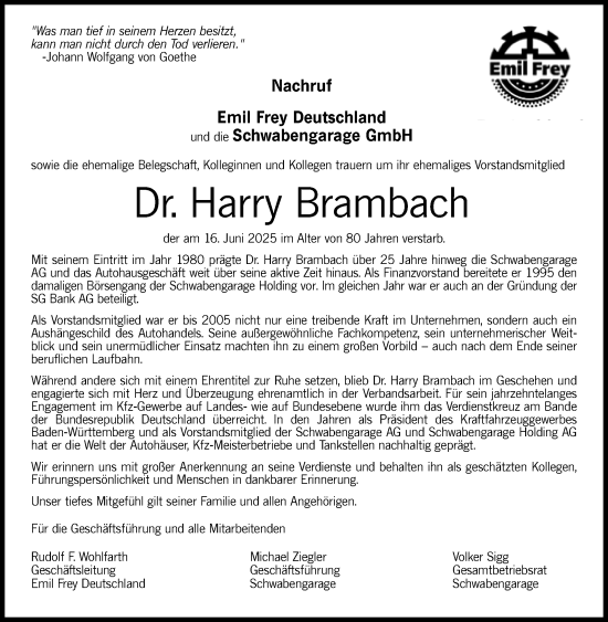 Traueranzeige von Harry Brambach von Stuttgarter Zeitung / Stuttgarter Nachrichten