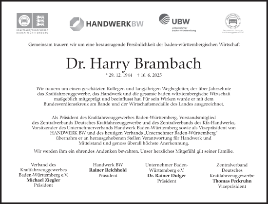 Traueranzeige von Harry Brambach von Stuttgarter Zeitung / Stuttgarter Nachrichten