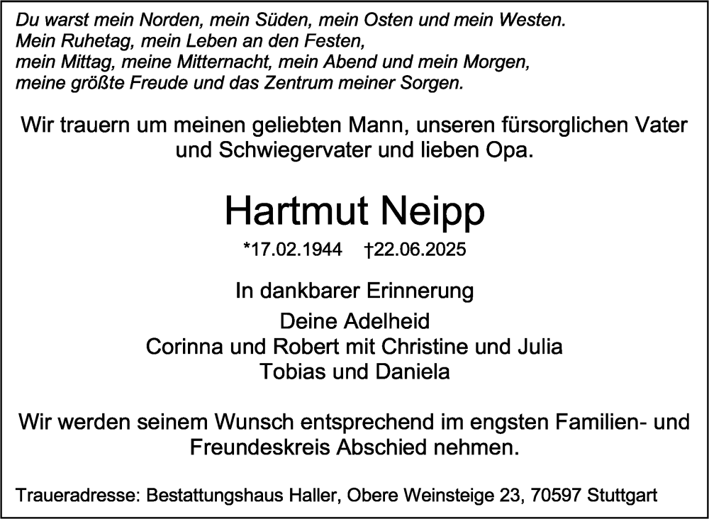  Traueranzeige für Hartmut Neipp vom 28.06.2025 aus Stuttgarter Zeitung / Stuttgarter Nachrichten