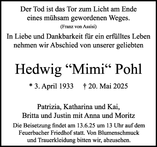 Traueranzeige von Hedwig Pohl von Stuttgarter Zeitung / Stuttgarter Nachrichten