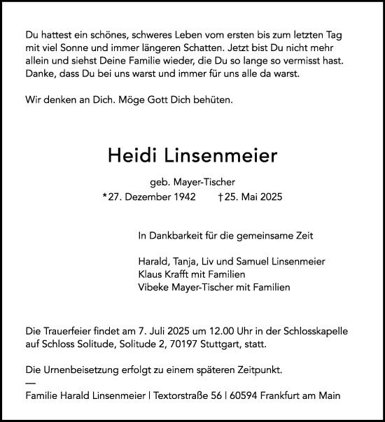 Traueranzeige von Heidi Linsenmeier von Stuttgarter Zeitung / Stuttgarter Nachrichten