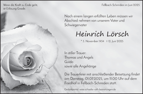 Traueranzeige von Heinrich Lörsch von Stuttgarter Zeitung / Stuttgarter Nachrichten