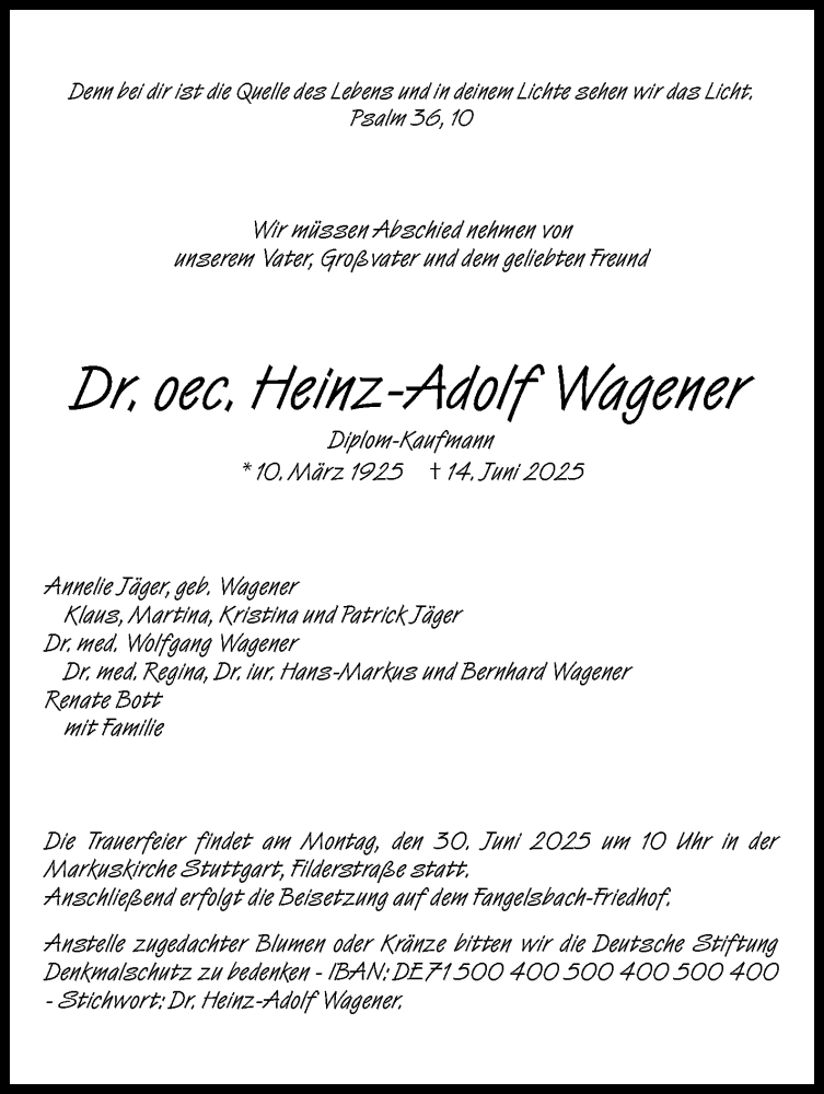  Traueranzeige für Heinz-Adolf Wagener vom 28.06.2025 aus Stuttgarter Zeitung / Stuttgarter Nachrichten
