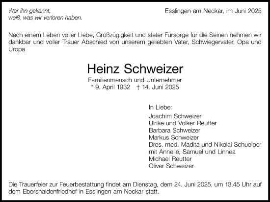 Traueranzeige von Heinz Schweizer von Stuttgarter Zeitung / Stuttgarter Nachrichten