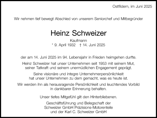 Traueranzeige von Heinz Schweizer von Stuttgarter Zeitung / Stuttgarter Nachrichten