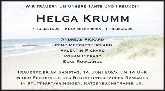 Traueranzeige von Helga Krumm von Stuttgarter Zeitung / Stuttgarter Nachrichten