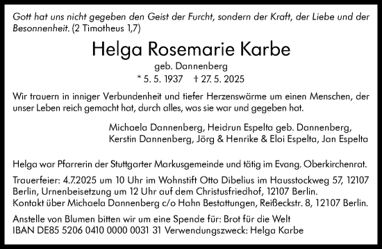 Traueranzeige von Helga Rosemarie Karbe von Stuttgarter Zeitung / Stuttgarter Nachrichten