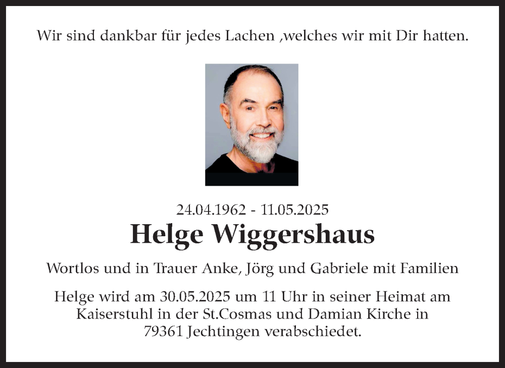  Traueranzeige für Helge Wiggershaus vom 24.05.2025 aus Stuttgarter Zeitung / Stuttgarter Nachrichten