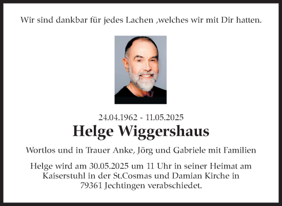 Traueranzeige von Helge Wiggershaus von Stuttgarter Zeitung / Stuttgarter Nachrichten