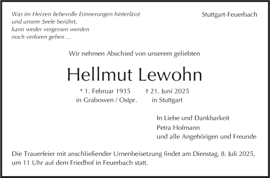 Traueranzeige von Hellmut Lewohn von Stuttgarter Zeitung / Stuttgarter Nachrichten