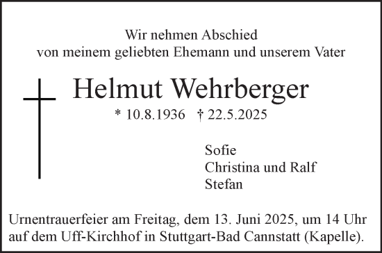 Traueranzeige von Helmut Wehrberger von Stuttgarter Zeitung / Stuttgarter Nachrichten