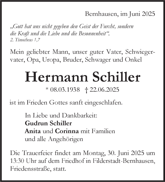 Traueranzeige von Hermann Schiller von Stuttgarter Zeitung / Stuttgarter Nachrichten