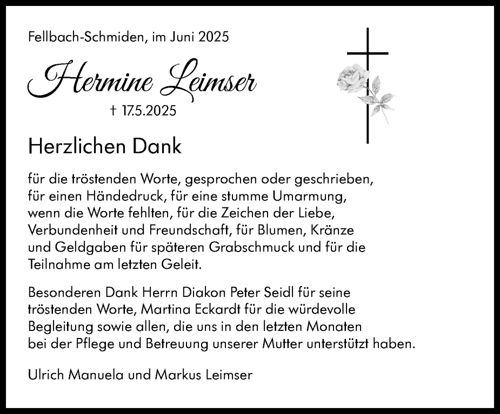  Traueranzeige für Hermine Leimser vom 17.06.2025 aus Stuttgarter Zeitung / Stuttgarter Nachrichten