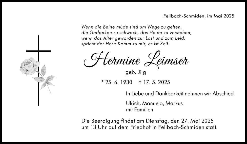  Traueranzeige für Hermine Leimser vom 23.05.2025 aus Stuttgarter Zeitung / Stuttgarter Nachrichten