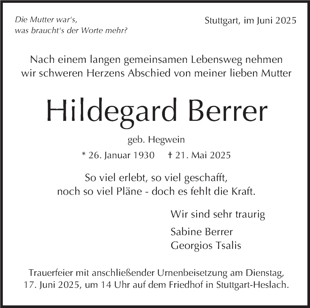  Traueranzeige für Hildegard Berrer vom 07.06.2025 aus Stuttgarter Zeitung / Stuttgarter Nachrichten
