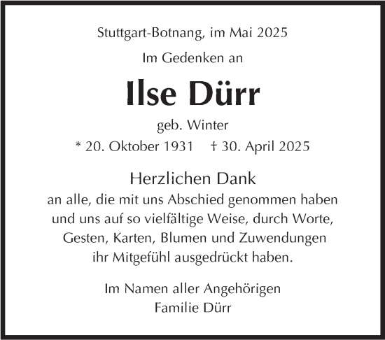 Traueranzeige von Ilse Dürr von Stuttgarter Zeitung / Stuttgarter Nachrichten