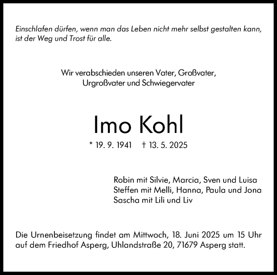 Traueranzeige von Imo Kohl von Stuttgarter Zeitung / Stuttgarter Nachrichten