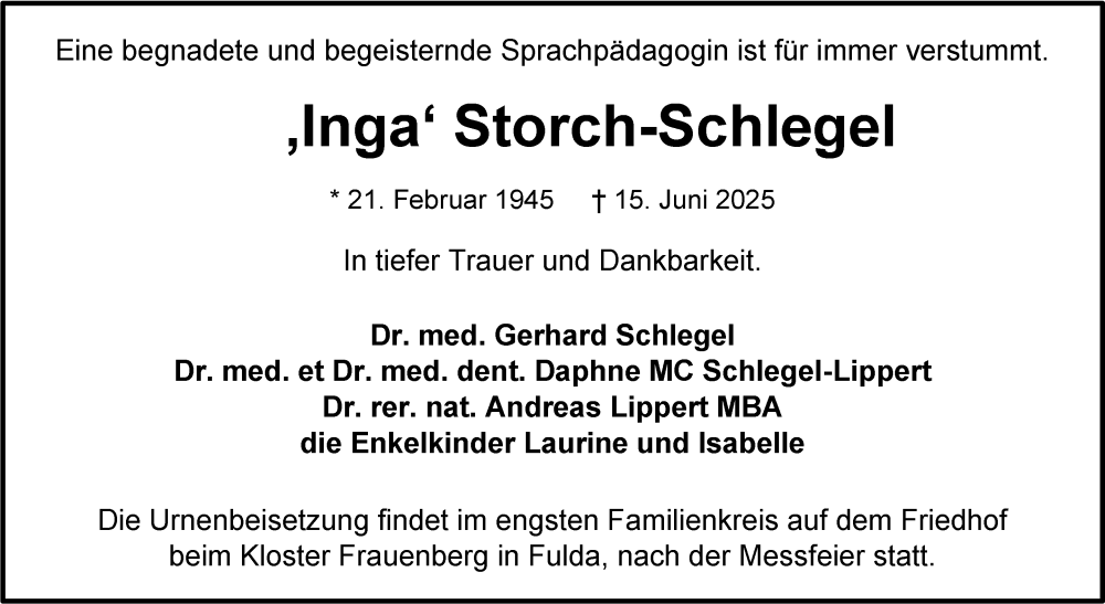  Traueranzeige für Inga Storch-Schlegel vom 28.06.2025 aus Stuttgarter Zeitung / Stuttgarter Nachrichten