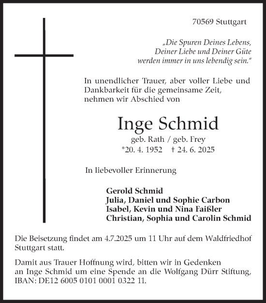 Traueranzeige von Inge Schmid von Stuttgarter Zeitung / Stuttgarter Nachrichten