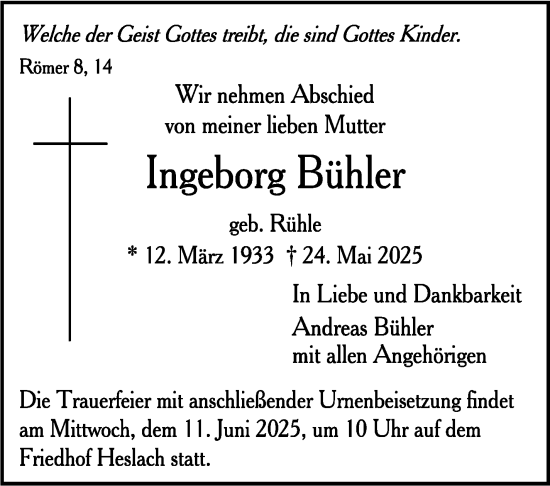 Traueranzeige von Ingeborg Bühler von Stuttgarter Zeitung / Stuttgarter Nachrichten