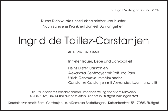 Traueranzeige von Ingrid de Taillez-Carstanjen von Stuttgarter Zeitung / Stuttgarter Nachrichten