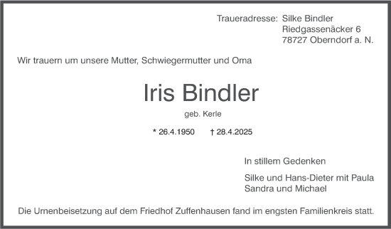 Traueranzeige von Iris Bindler von Stuttgarter Zeitung / Stuttgarter Nachrichten