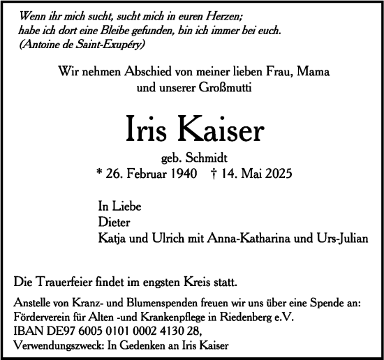 Traueranzeige von Iris Kaiser von Stuttgarter Zeitung / Stuttgarter Nachrichten