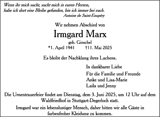 Traueranzeige von Irmgard Marx von Stuttgarter Zeitung / Stuttgarter Nachrichten