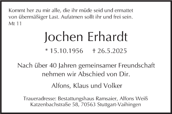 Traueranzeige von Jochen Erhardt von Stuttgarter Zeitung / Stuttgarter Nachrichten
