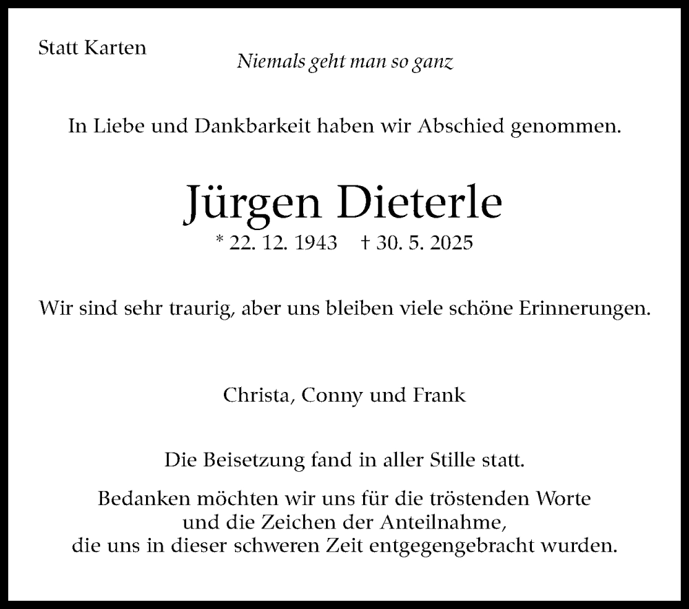  Traueranzeige für Jürgen Dieterle vom 27.06.2025 aus Stuttgarter Zeitung / Stuttgarter Nachrichten