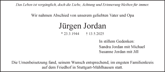 Traueranzeige von Jürgen Jordan von Stuttgarter Zeitung / Stuttgarter Nachrichten